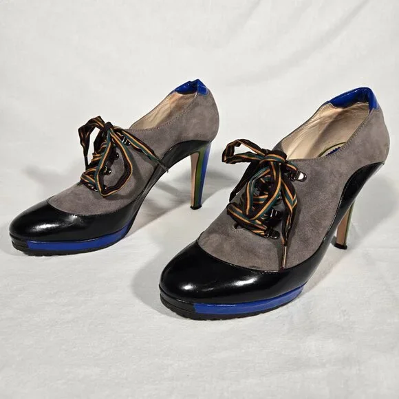 Rare ITALY Vintage PAUL SMITH Old Stock Lace Up Platform Heels Oxfords Size 8.5. - Picture 3 of 17